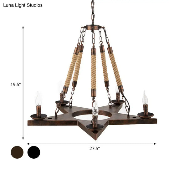 Metal Star-Shaped Chandelier Pendant Light - Retro 5-Light Restaurant Fixture In Black/Rust