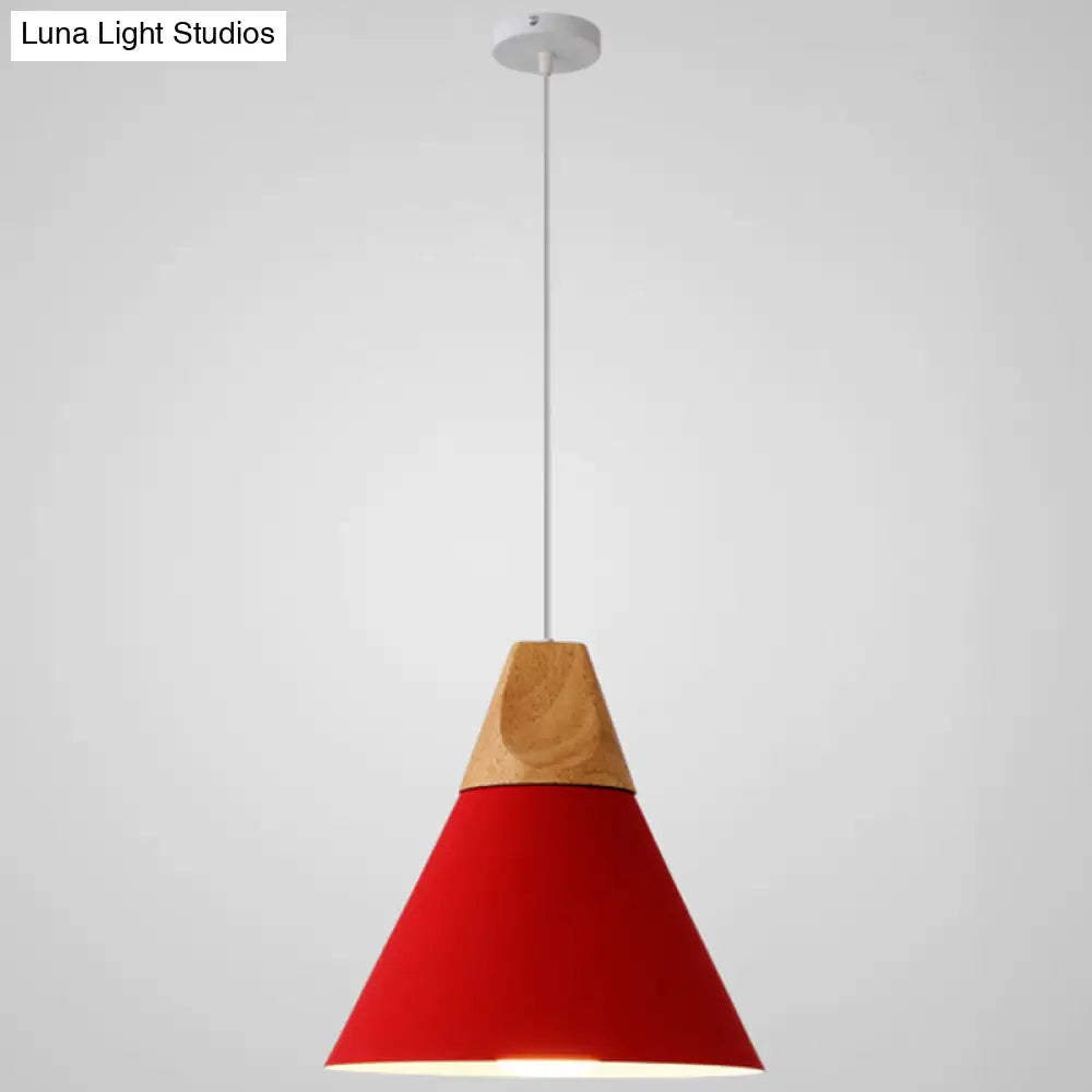 Nordic Style Metal Hanging Ceiling Pendant Lamp With Wooden Top - 1 Light Restaurant Lighting Red /