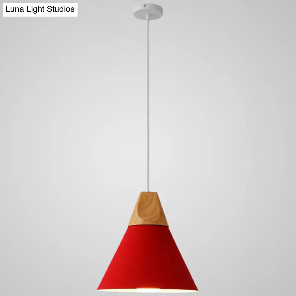 Nordic Style Metal Hanging Ceiling Pendant Lamp With Wooden Top - 1 Light Restaurant Lighting Red /