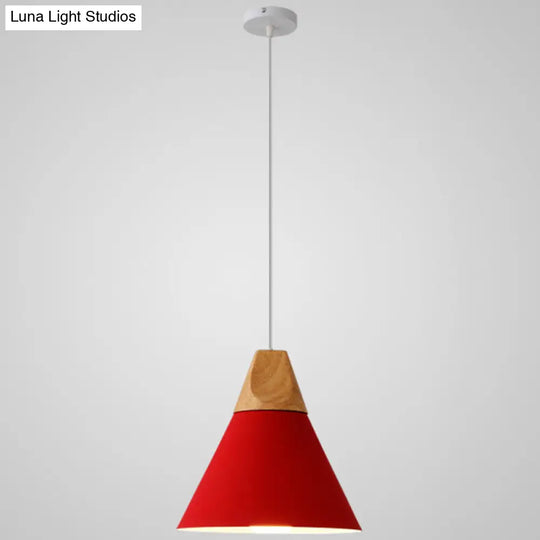 Nordic Style Metal Hanging Ceiling Pendant Lamp With Wooden Top - 1 Light Restaurant Lighting Red /