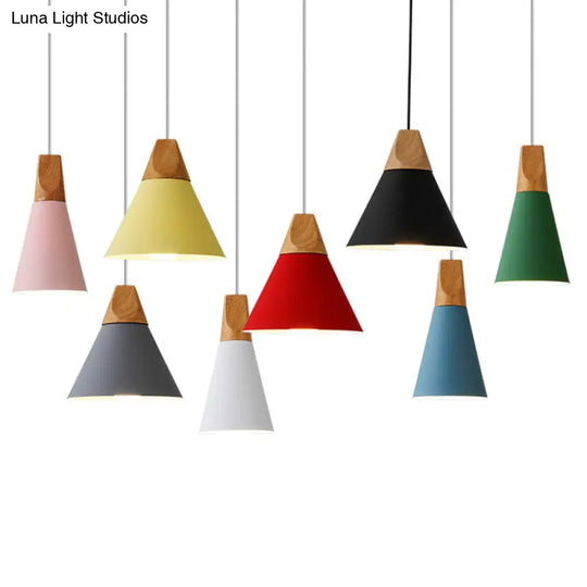 Metal Tapered Hanging Light - Nordic Style 1-Light Restaurant Pendant Lamp With Wooden Top