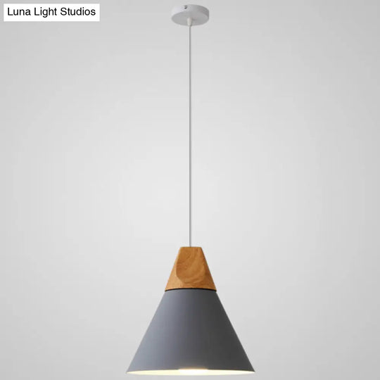 Nordic Style Metal Hanging Ceiling Pendant Lamp With Wooden Top - 1 Light Restaurant Lighting Grey /