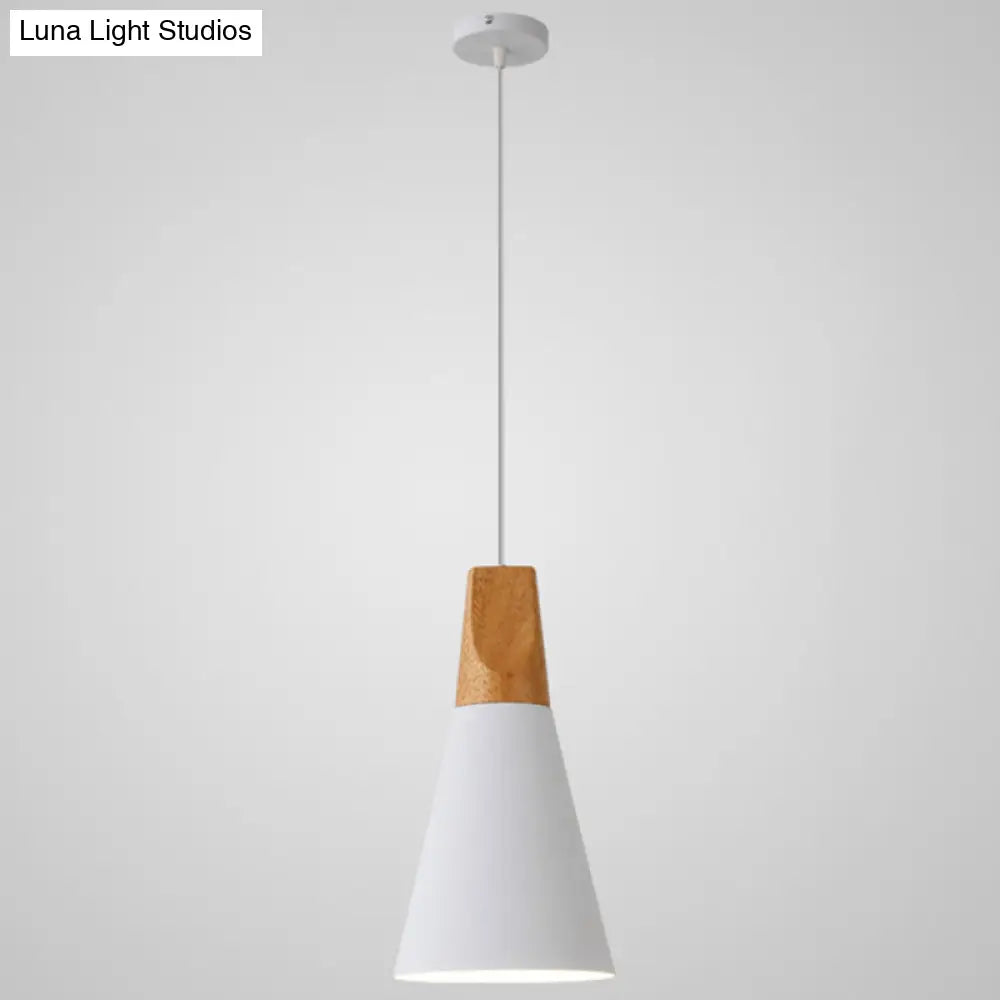 Nordic Style Metal Hanging Ceiling Pendant Lamp With Wooden Top - 1 Light Restaurant Lighting White