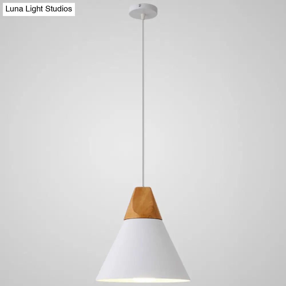 Nordic Style Metal Hanging Ceiling Pendant Lamp With Wooden Top - 1 Light Restaurant Lighting White