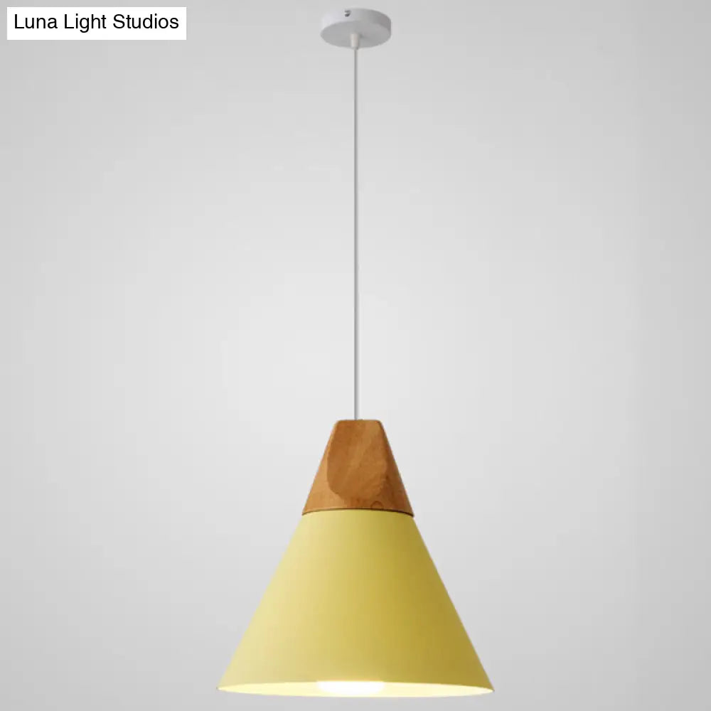 Nordic Style Metal Hanging Ceiling Pendant Lamp With Wooden Top - 1 Light Restaurant Lighting Yellow