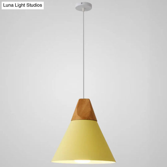 Nordic Style Metal Hanging Ceiling Pendant Lamp With Wooden Top - 1 Light Restaurant Lighting Yellow