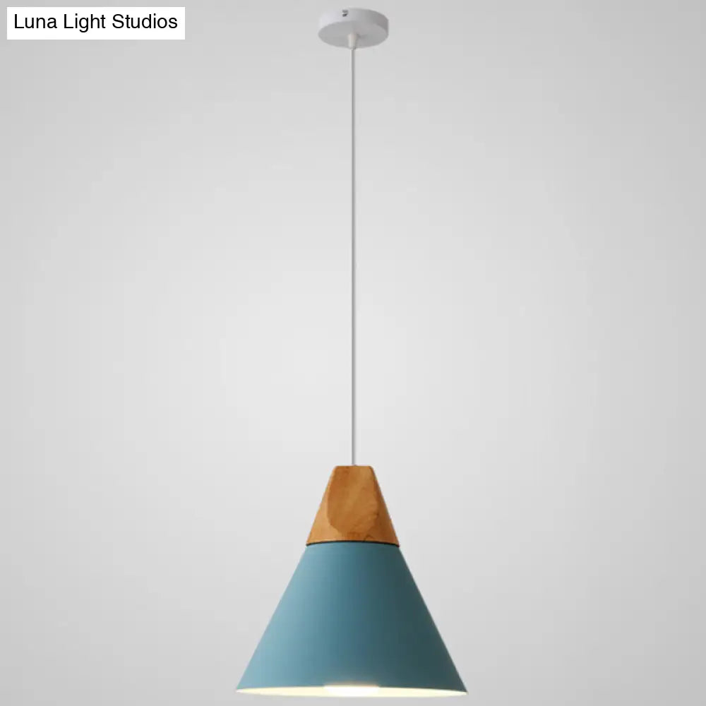 Nordic Style Metal Hanging Ceiling Pendant Lamp With Wooden Top - 1 Light Restaurant Lighting Blue /