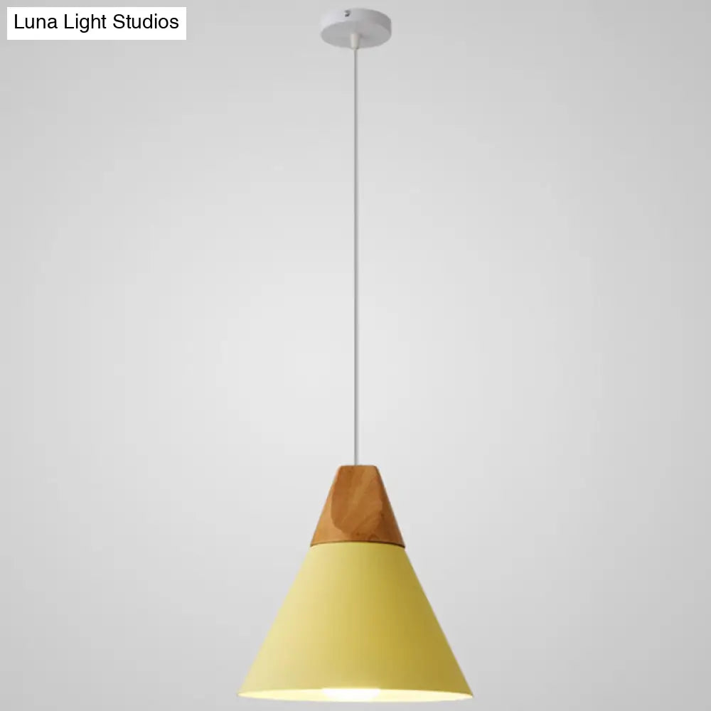 Nordic Style Metal Hanging Ceiling Pendant Lamp With Wooden Top - 1 Light Restaurant Lighting Yellow