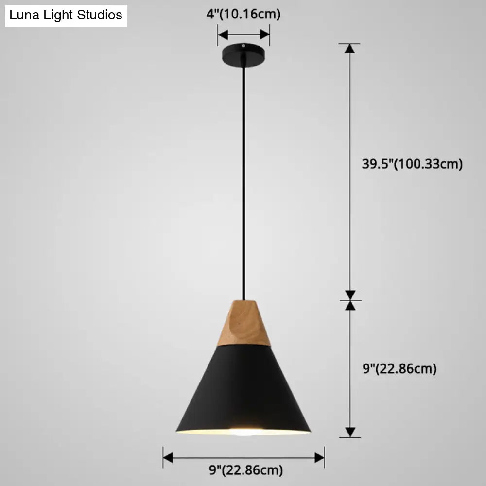 Metal Tapered Hanging Light - Nordic Style 1-Light Restaurant Pendant Lamp With Wooden Top