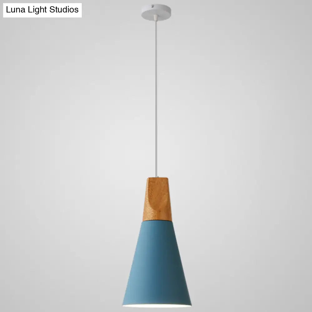 Nordic Style Metal Hanging Ceiling Pendant Lamp With Wooden Top - 1 Light Restaurant Lighting Blue /