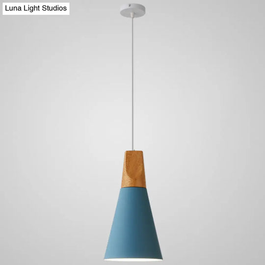 Nordic Style Metal Hanging Ceiling Pendant Lamp With Wooden Top - 1 Light Restaurant Lighting Blue /