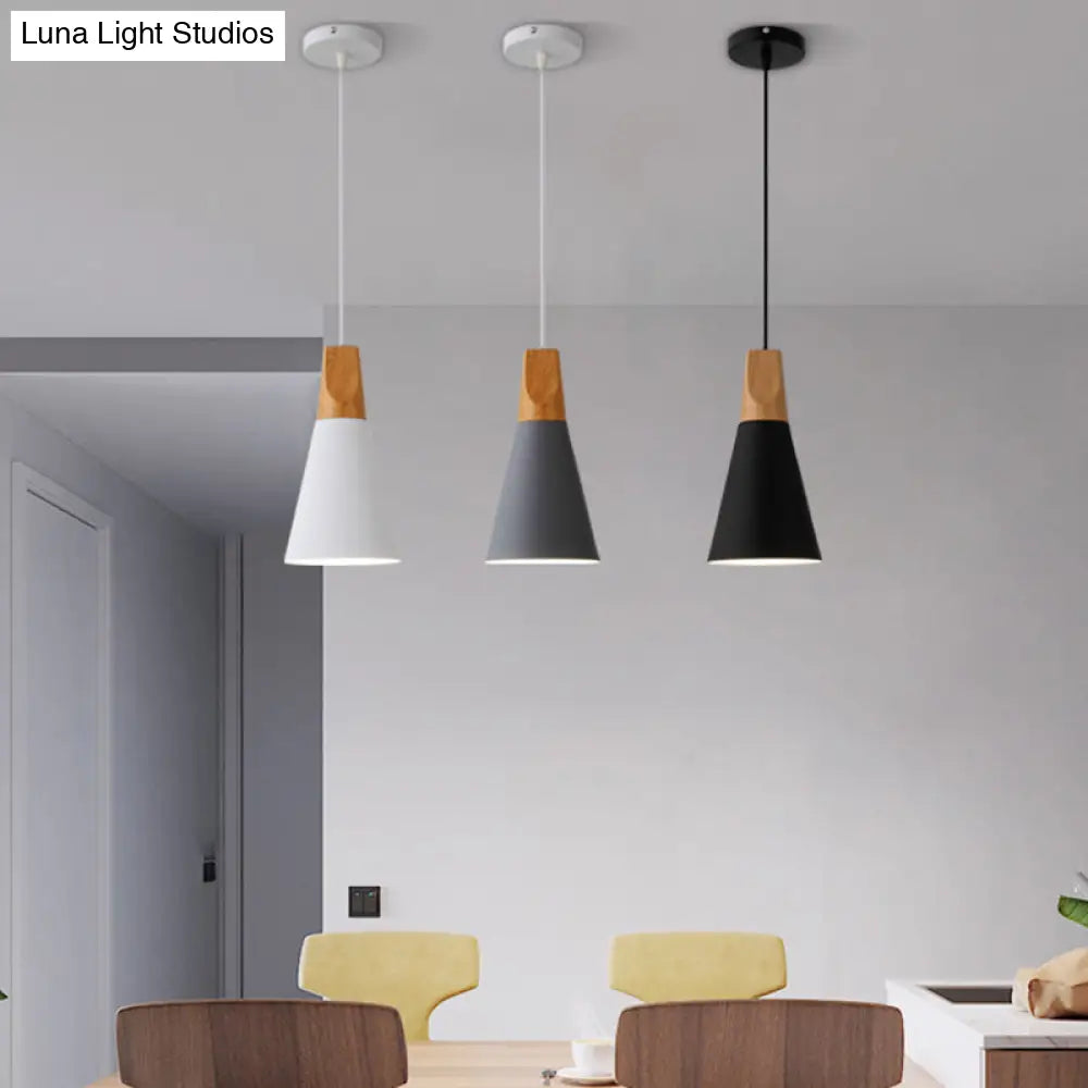 Metal Tapered Hanging Light - Nordic Style 1-Light Restaurant Pendant Lamp With Wooden Top