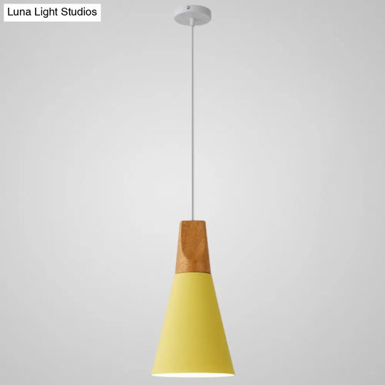 Nordic Style Metal Hanging Ceiling Pendant Lamp With Wooden Top - 1 Light Restaurant Lighting Yellow