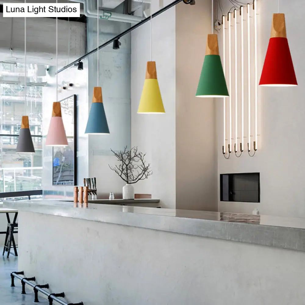 Metal Tapered Hanging Light - Nordic Style 1-Light Restaurant Pendant Lamp With Wooden Top