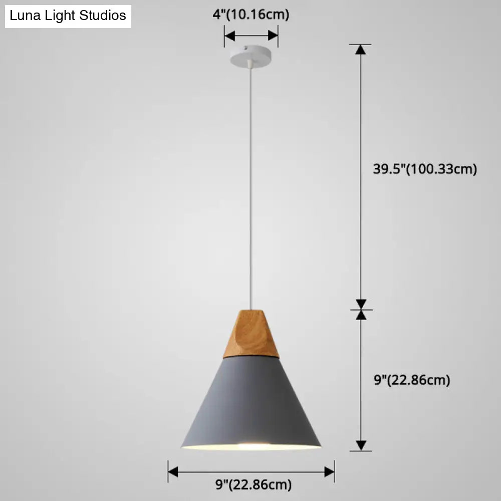 Nordic Style Metal Hanging Ceiling Pendant Lamp With Wooden Top - 1 Light Restaurant Lighting