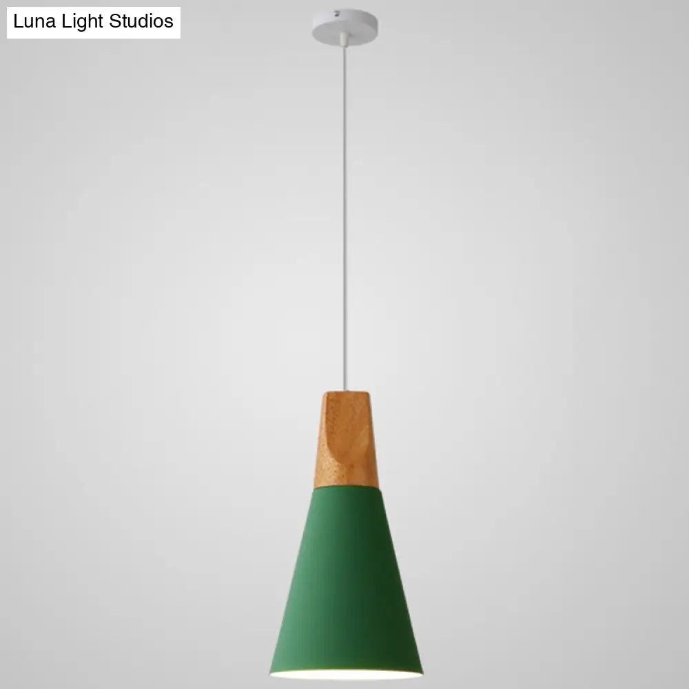 Nordic Style Metal Hanging Ceiling Pendant Lamp With Wooden Top - 1 Light Restaurant Lighting Green