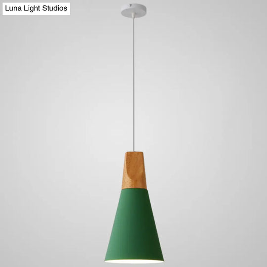 Nordic Style Metal Hanging Ceiling Pendant Lamp With Wooden Top - 1 Light Restaurant Lighting Green