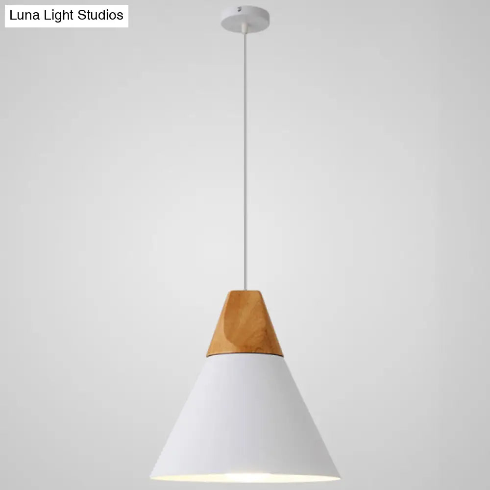 Nordic Style Metal Hanging Ceiling Pendant Lamp With Wooden Top - 1 Light Restaurant Lighting White