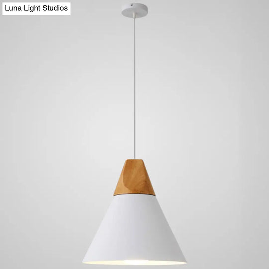 Nordic Style Metal Hanging Ceiling Pendant Lamp With Wooden Top - 1 Light Restaurant Lighting White