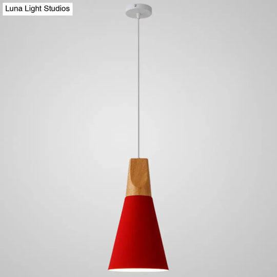 Nordic Style Metal Hanging Ceiling Pendant Lamp With Wooden Top - 1 Light Restaurant Lighting Red /