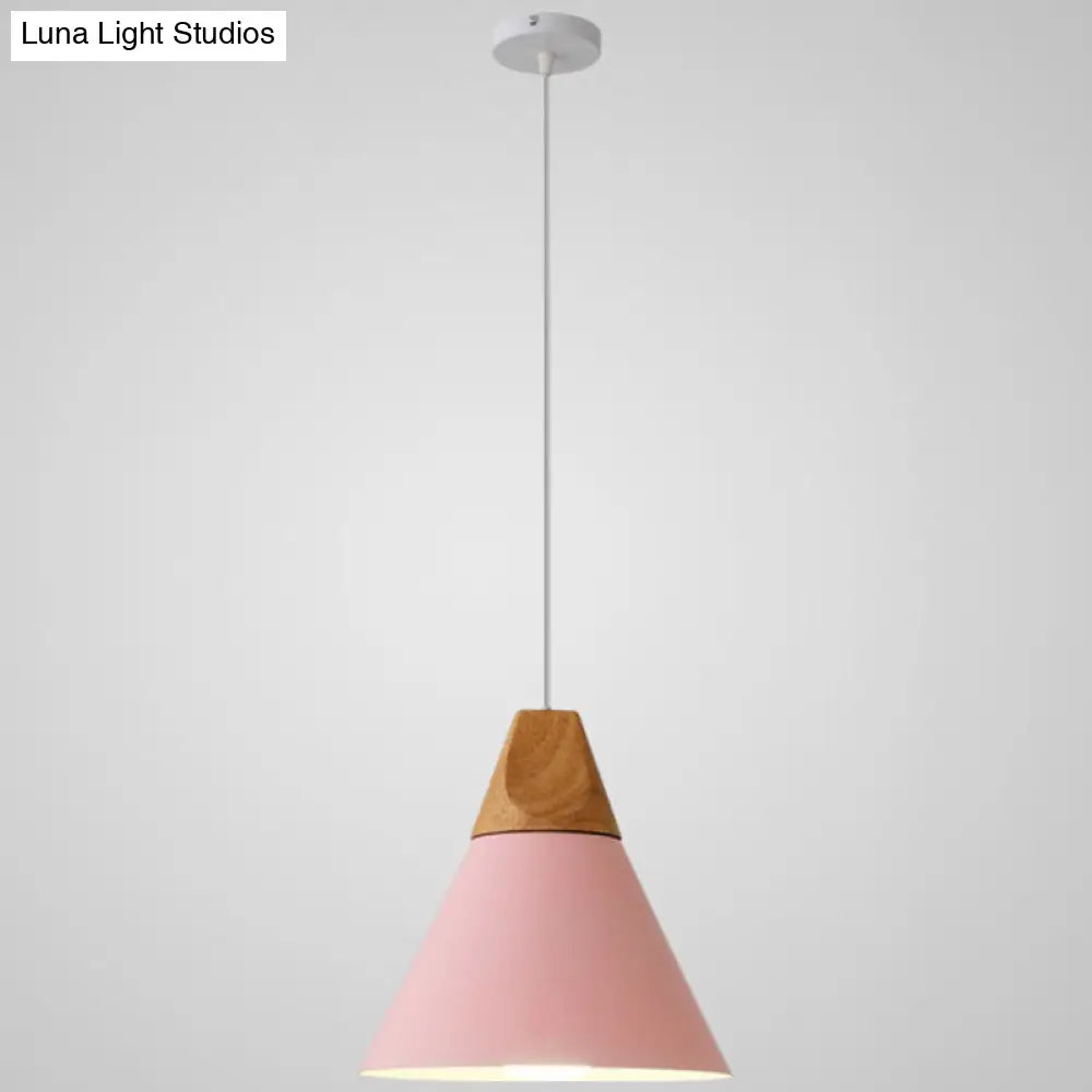 Nordic Style Metal Hanging Ceiling Pendant Lamp With Wooden Top - 1 Light Restaurant Lighting Pink /