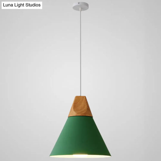 Nordic Style Metal Hanging Ceiling Pendant Lamp With Wooden Top - 1 Light Restaurant Lighting Green