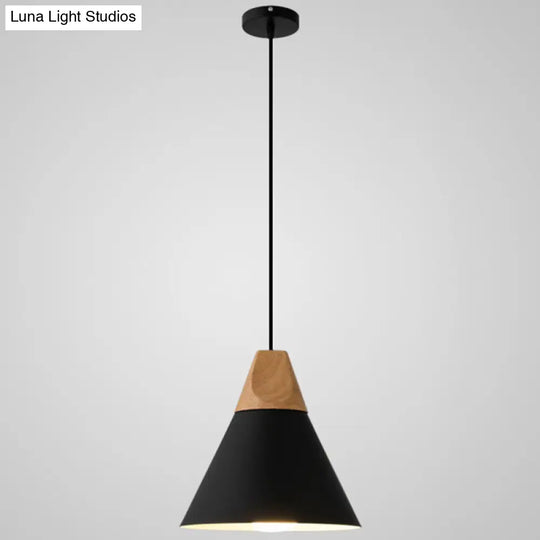 Nordic Style Metal Hanging Ceiling Pendant Lamp With Wooden Top - 1 Light Restaurant Lighting Black