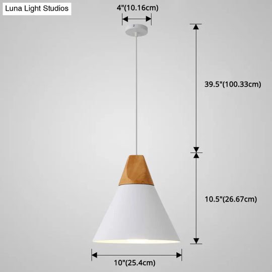 Metal Tapered Hanging Light - Nordic Style 1-Light Restaurant Pendant Lamp With Wooden Top