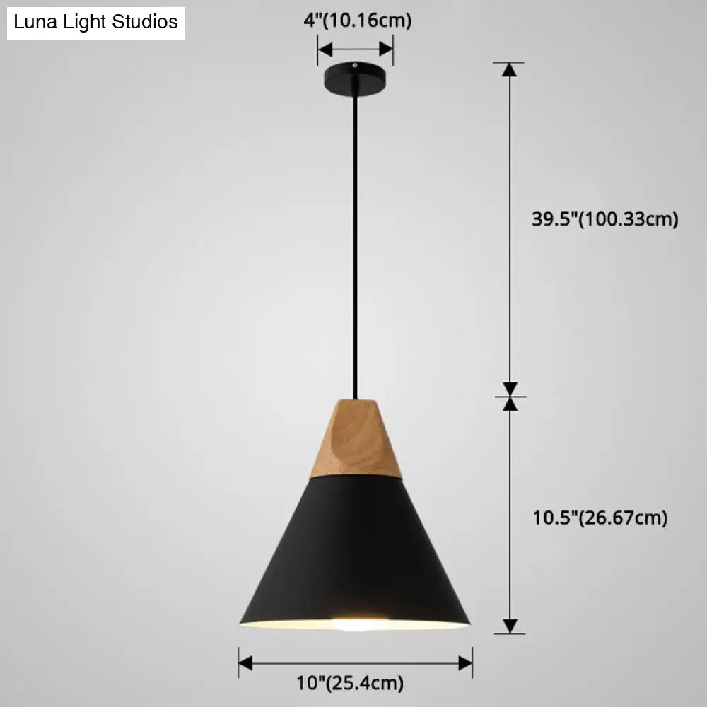 Metal Tapered Hanging Light - Nordic Style 1-Light Restaurant Pendant Lamp With Wooden Top