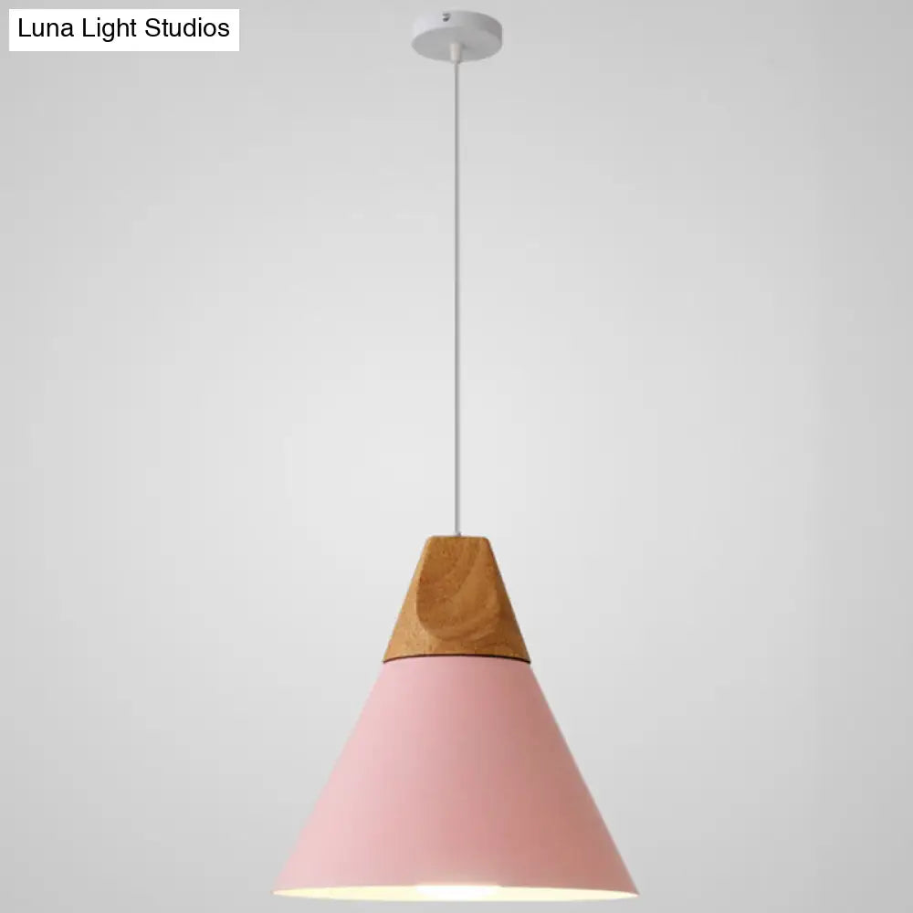 Nordic Style Metal Hanging Ceiling Pendant Lamp With Wooden Top - 1 Light Restaurant Lighting Pink /