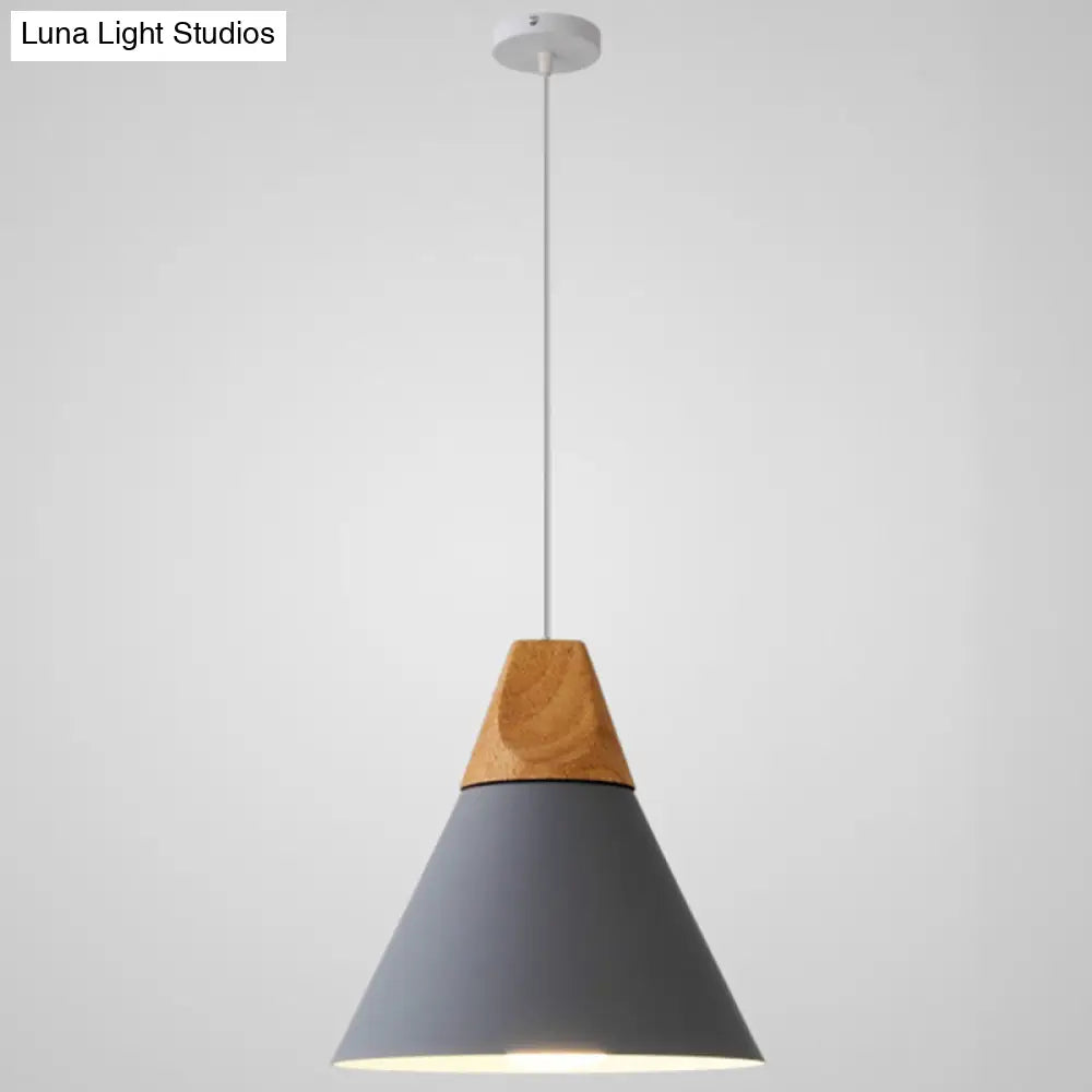 Nordic Style Metal Hanging Ceiling Pendant Lamp With Wooden Top - 1 Light Restaurant Lighting Grey /