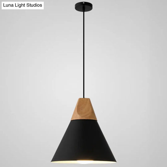 Nordic Style Metal Hanging Ceiling Pendant Lamp With Wooden Top - 1 Light Restaurant Lighting Black