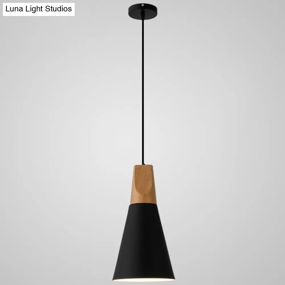 Nordic Style Metal Hanging Ceiling Pendant Lamp With Wooden Top - 1 Light Restaurant Lighting Black