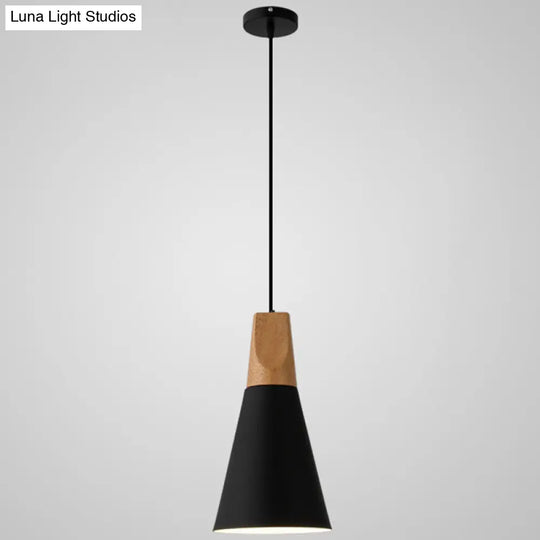 Nordic Style Metal Hanging Ceiling Pendant Lamp With Wooden Top - 1 Light Restaurant Lighting Black