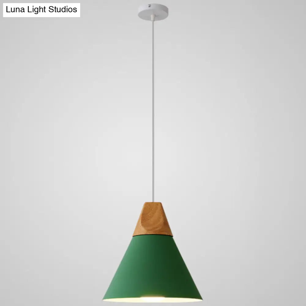 Nordic Style Metal Hanging Ceiling Pendant Lamp With Wooden Top - 1 Light Restaurant Lighting Green