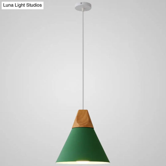 Nordic Style Metal Hanging Ceiling Pendant Lamp With Wooden Top - 1 Light Restaurant Lighting Green