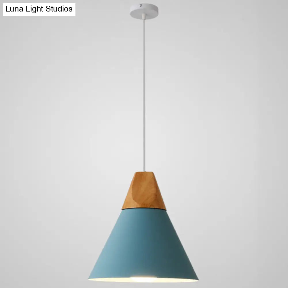 Nordic Style Metal Hanging Ceiling Pendant Lamp With Wooden Top - 1 Light Restaurant Lighting Blue /