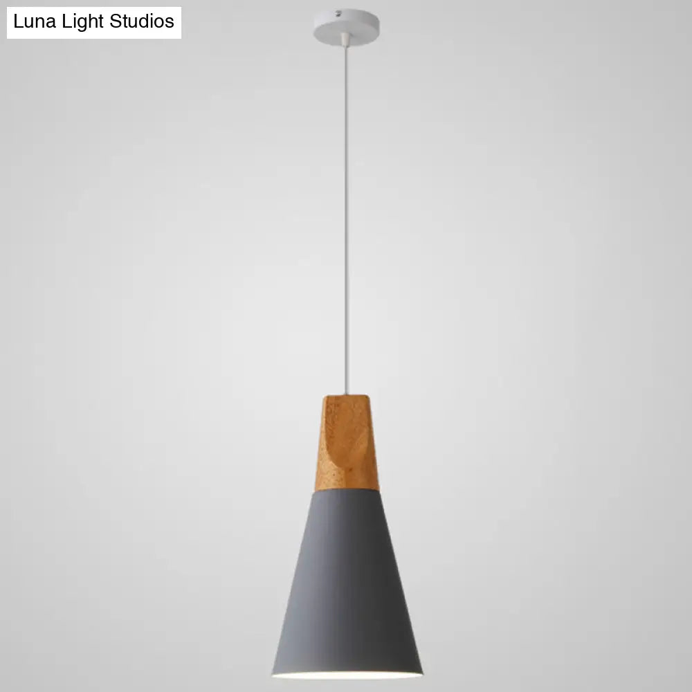 Nordic Style Metal Hanging Ceiling Pendant Lamp With Wooden Top - 1 Light Restaurant Lighting Grey /