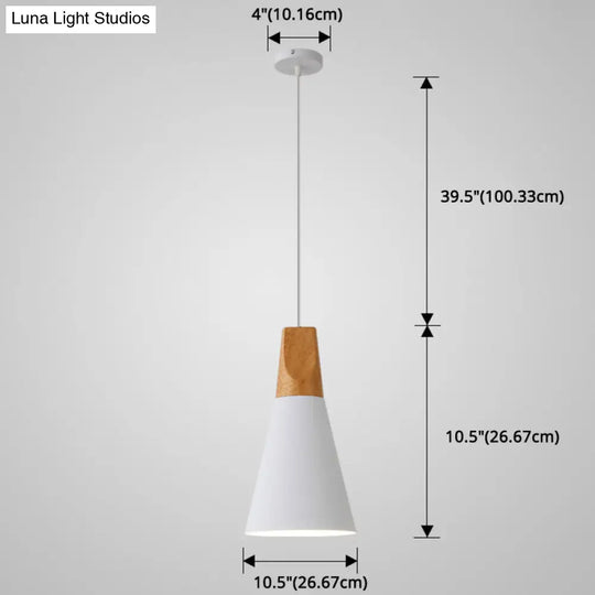 Metal Tapered Hanging Light - Nordic Style 1-Light Restaurant Pendant Lamp With Wooden Top