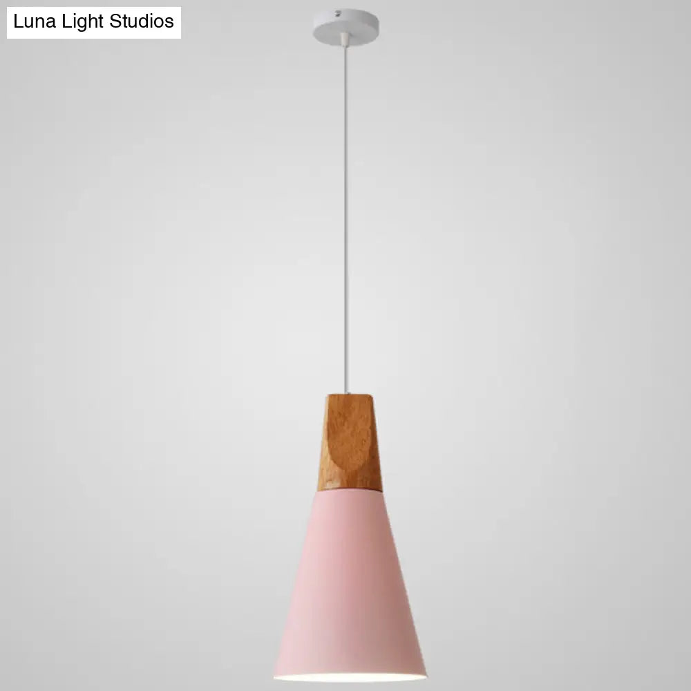 Nordic Style Metal Hanging Ceiling Pendant Lamp With Wooden Top - 1 Light Restaurant Lighting Pink /