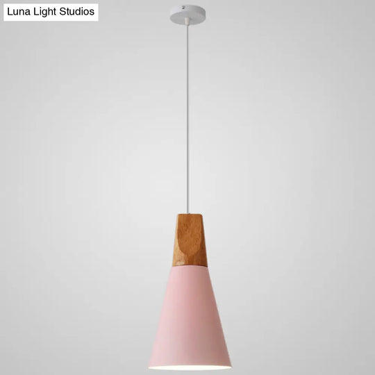 Nordic Style Metal Hanging Ceiling Pendant Lamp With Wooden Top - 1 Light Restaurant Lighting Pink /