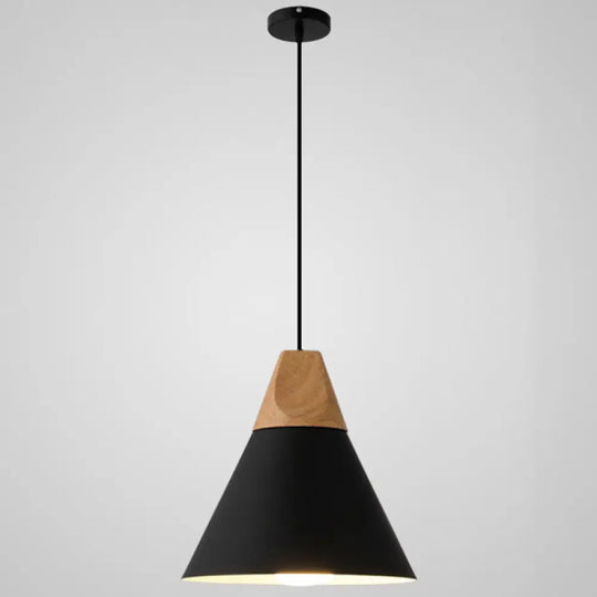 Metal Tapered Hanging Light - Nordic Style 1-Light Restaurant Pendant Lamp With Wooden Top Black /