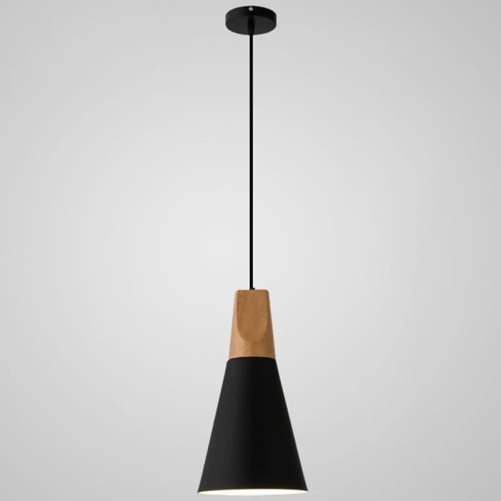 Metal Tapered Hanging Light - Nordic Style 1-Light Restaurant Pendant Lamp With Wooden Top Black /