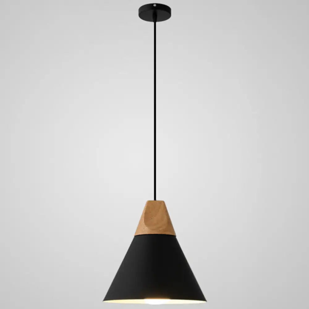 Metal Tapered Hanging Light - Nordic Style 1-Light Restaurant Pendant Lamp With Wooden Top Black /