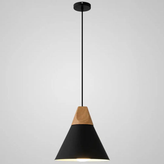 Metal Tapered Hanging Light - Nordic Style 1-Light Restaurant Pendant Lamp With Wooden Top Black /