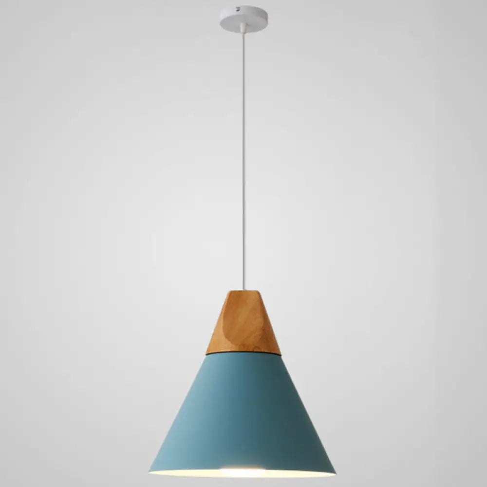 Metal Tapered Hanging Light - Nordic Style 1-Light Restaurant Pendant Lamp With Wooden Top Blue /