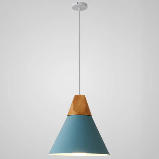 Metal Tapered Hanging Light - Nordic Style 1-Light Restaurant Pendant Lamp With Wooden Top Blue /