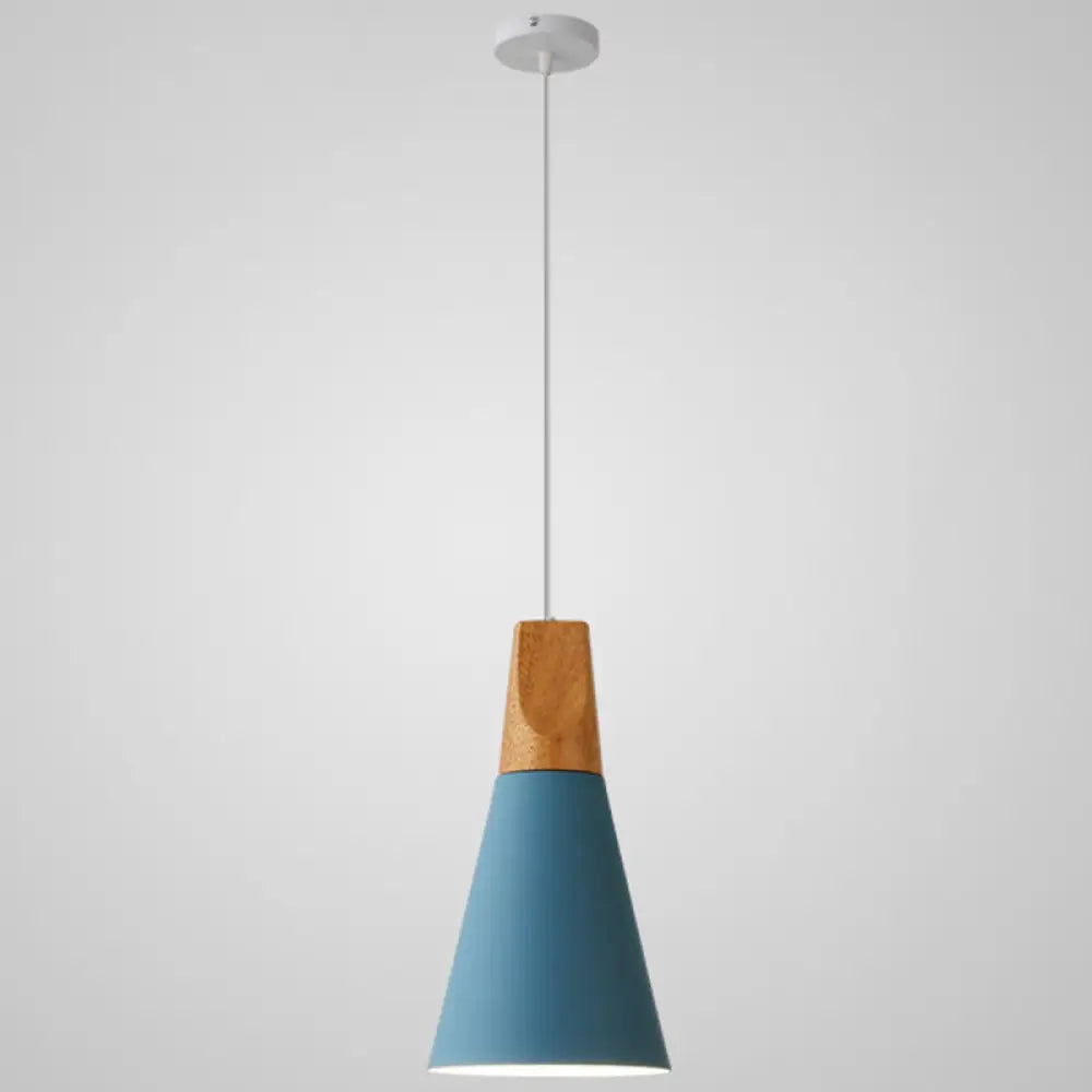 Metal Tapered Hanging Light - Nordic Style 1-Light Restaurant Pendant Lamp With Wooden Top Blue /