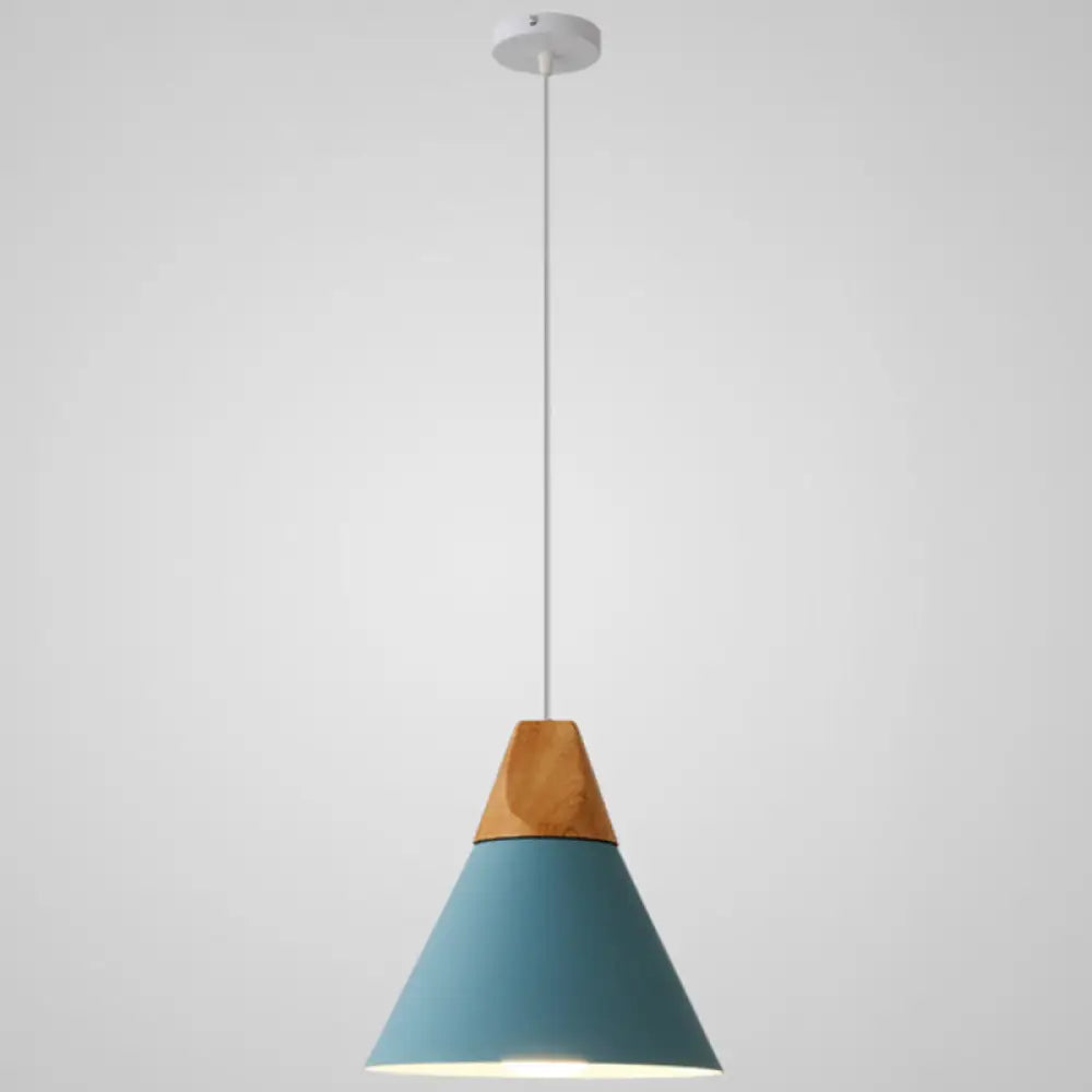 Metal Tapered Hanging Light - Nordic Style 1-Light Restaurant Pendant Lamp With Wooden Top Blue / 9’