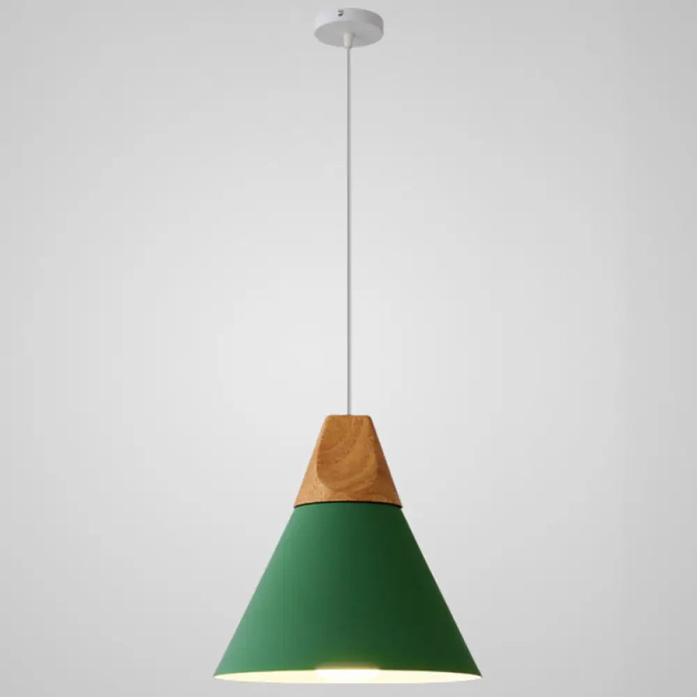 Metal Tapered Hanging Light - Nordic Style 1-Light Restaurant Pendant Lamp With Wooden Top Green /